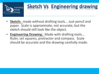 Sketch Vs Engineering drawing
• Sketch: made without drafting tools... Just pencil and
paper. Scale is approximate, not accurate, but the
sketch should still look like the object.
• Engineering Drawing: Made with drafting tools...
Ruler, set squares, protractor and compass. Scale
should be accurate and the drawing carefully made.
 
