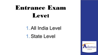 Entrance Exam
Level
1. All India Level
1. State Level
 