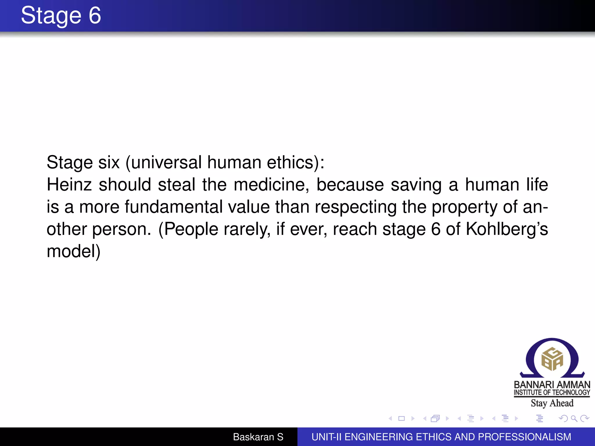 Stage 6
Stage six (universal human ethics):
Heinz should steal the medicine, because saving a human life
is a more fundamental value than respecting the property of an-
other person. (People rarely, if ever, reach stage 6 of Kohlberg’s
model)
Baskaran S UNIT-II ENGINEERING ETHICS AND PROFESSIONALISM
 