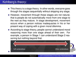 Kohlberg’s theory:
This theory is a stage theory. In other words, everyone goes
through the stages sequentially without skipping any stage.
However, movement through these stages are not natural,
that is people do not automatically move from one stage to
the next as they mature. In stage development, movement
occurs when a person notices inadequacies in his or her
present way of coping with a given moral dilemma.
According to stage theory, people cannot understand moral
reasoning more than one stage ahead of their own. For
example, a person in Stage 1 can understand Stage 2 rea-
soning but nothing beyond that.
Baskaran S UNIT-II ENGINEERING ETHICS AND PROFESSIONALISM
 