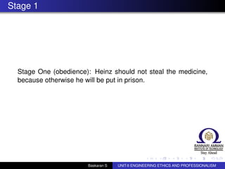 Stage 1
Stage One (obedience): Heinz should not steal the medicine,
because otherwise he will be put in prison.
Baskaran S UNIT-II ENGINEERING ETHICS AND PROFESSIONALISM
 
