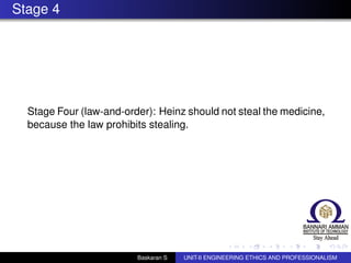 Stage 4
Stage Four (law-and-order): Heinz should not steal the medicine,
because the law prohibits stealing.
Baskaran S UNIT-II ENGINEERING ETHICS AND PROFESSIONALISM
 