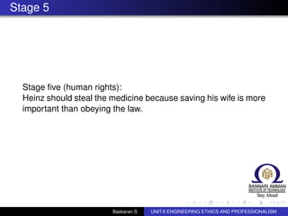 Stage 5
Stage ﬁve (human rights):
Heinz should steal the medicine because saving his wife is more
important than obeying the law.
Baskaran S UNIT-II ENGINEERING ETHICS AND PROFESSIONALISM
 