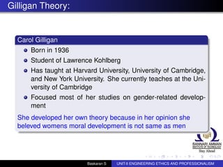 Gilligan Theory:
Carol Gilligan
Born in 1936
Student of Lawrence Kohlberg
Has taught at Harvard University, University of Cambridge,
and New York University. She currently teaches at the Uni-
versity of Cambridge
Focused most of her studies on gender-related develop-
ment
She developed her own theory because in her opinion she
beleved womens moral development is not same as men
Baskaran S UNIT-II ENGINEERING ETHICS AND PROFESSIONALISM
 