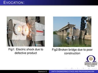 EVOCATION:
Fig1: Electric shock due to
defective product
Fig2:Broken bridge due to poor
construction
Baskaran S UNIT-II ENGINEERING ETHICS AND PROFESSIONALISM
 
