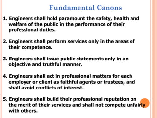 Fundamental Canons
1. Engineers shall hold paramount the safety, health and
   welfare of the public in the performance of their
   professional duties.

2. Engineers shall perform services only in the areas of
   their competence.

3. Engineers shall issue public statements only in an
   objective and truthful manner.

4. Engineers shall act in professional matters for each
   employer or client as faithful agents or trustees, and
   shall avoid conflicts of interest.

5. Engineers shall build their professional reputation on
   the merit of their services and shall not compete unfairly
   with others.
 