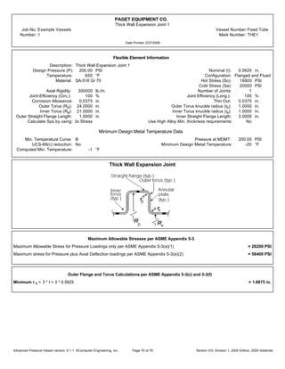 PAGET EQUIPMENT CO.
Thick Wall Expansion Joint 1
Job No: Example Vessels Vessel Number:Fixed Tube
Number: 1 Mark Number: THE1
Date Printed: 2/27/2006
Flexible Element Information
Description: Thick Wall Expansion Joint 1
Design Pressure (P): 200.00 PSI Nominal (t): 0.5625 in.
Temperature: 650 °F Configuration: Flanged and Flued
Material: SA-516 Gr 70 Hot Stress (So): 18800 PSI
Cold Stress (Sa): 20000 PSI
Axial Rigidity: 300000 lb./in. Number of Joints: 1
Joint Efficiency (Circ.): 100 % Joint Efficiency (Long.): 100 %
Corrosion Allowance: 0.0375 in. Thin Out: 0.0375 in.
Outer Torus (Rb): 24.0000 in. Outer Torus knuckle radius (rb): 1.0000 in.
Inner Torus (Ra): 21.0000 in. Inner Torus knuckle radius (ra): 1.0000 in.
Outer Straight Flange Length: 1.0000 in. Inner Straight Flange Length: 3.0000 in.
Calculate Sps by using: 3x Stress Use High Alloy Min. thickness requirements: No
Minimum Design Metal Temperature Data
Min. Temperature Curve: B Pressure at MDMT: 200.00 PSI
UCS-68(c) reduction: No Minimum Design Metal Temperature: -20 °F
Computed Min. Temperature: -1 °F
Thick Wall Expansion Joint
Maximum Allowable Stresses per ASME Appendix 5-3
Maximum Allowable Stress for Pressure Loadings only per ASME Appendix 5-3(a)(1) = 28200 PSI
Maximum stress for Pressure plus Axial Deflection loadings per ASME Appendix 5-3(a)(2) = 56400 PSI
Outer Flange and Torus Calculations per ASME Appendix 5-3(c) and 5-3(f)
Minimum r b = 3 * t = 3 * 0.5625 = 1.6875 in.
Advanced Pressure Vessel version: 9.1.1 ©Computer Engineering, Inc. Section VIII, Division 1, 2004 Edition, 2005 AddendaPage 70 of 76
 