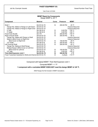 PAGET EQUIPMENT CO.
Job No: Example Vessels Vessel Number:Fixed Tube
Date Printed: 2/27/2006
MDMT Report by Components
Design MDMT is -20 °F
Component Material Curve Pressure MDMT
Shell 1 SA-516 Gr 70 B 200.00 PSI -35 °F
Flange Pair, Mates to Flange on Left Chann SA-516 Gr 70 Impacts Required
Flange Pair, Mates to Flange on Right Chan SA-516 Gr 70 Impacts Required
5" Inlet SA-106 Gr B B 0.00 PSI -155 °F
5" Outlet SA-106 Gr B B 0.00 PSI -155 °F
Fixed-Tube Bundle SA-179 B 200.00 PSI -155 °F
Right Channel Shell SA-516 Gr 70 B 200.00 PSI -20 °F
Flange Pair, Mates with Flange on Shell SA-516 Gr 70 Impacts Required
Mates to Blind Cover on Right End SA-516 Gr 70 Impacts Required
Blind Cover on Right End SA-516 Gr 70 B 150.00 PSI -29 °F
3.5" Outlet SA-106 Gr B B 200.00 PSI -155 °F
Left Channel Shell SA-516 Gr 70 B 200.00 PSI -20 °F
Flange Pair, Mating to Shell Flange SA-516 Gr 70 Impacts Required
Mating Flange to Blind Cover on Left End SA-516 Gr 70 Impacts Required
Blind Cover for Left End SA-516 Gr 70 B 150.00 PSI -32 °F
3.5" Inlet SA-106 Gr B B 0.00 PSI -155 °F
Thick Wall Expansion Joint 1 SA-516 Gr 70 B 200.00 PSI -1 °F
Fixed Tubesheet Gasketed to Shell and Channe SA-516 Gr 70 B multiple -119 °F
Component with highest MDMT: Thick Wall Expansion Joint 1.
Computed MDMT = -1 °F
1 component with a caclulated MDMT DOES NOT meet the design MDMT of -20 °F.
ANSI Flanges Are Not Included in MDMT Calculations.
Advanced Pressure Vessel version: 9.1.1 ©Computer Engineering, Inc. Section VIII, Division 1, 2004 Edition, 2005 AddendaPage 74 of 76
 