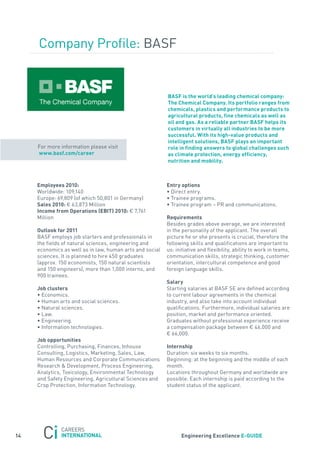 Company Profile: Basf


                                                          BasF is the world’s leading chemical company:
                                                          the chemical company. its portfolio ranges from
                                                          chemicals, plastics and performance products to
                                                          agricultural products, fine chemicals as well as
                                                          oil and gas. as a reliable partner BasF helps its
                                                          customers in virtually all industries to be more
                                                          successful. with its high-value products and
                                                          intelligent solutions, BasF plays an important
     for more information please visit                    role in finding answers to global challenges such
     www.basf.com/career                                  as climate protection, energy efficiency,
                                                          nutrition and mobility.



     employees 2010:                                      entry options
     Worldwide: 109,140                                   • Direct entry.
     Europe: 69,809 (of which 50,801 in Germany)          • trainee programs.
     sales 2010: € 63,873 Million                         • trainee program – Pr and communications.
     income from operations (eBit) 2010: € 7,761
     Million                                              requirements
                                                          Besides grades above average, we are interested
     outlook for 2011                                     in the personality of the applicant. the overall
     Basf employs job starters and professionals in       picture he or she presents is crucial, therefore the
     the fields of natural sciences, engineering and      following skills and qualifications are important to
     economics as well as in law, human arts and social   us: initiative and flexibility, ability to work in teams,
     sciences. It is planned to hire 450 graduates        communication skills, strategic thinking, customer
     (approx. 150 economists, 150 natural scientists      orientation, intercultural competence and good
     and 150 engineers), more than 1,000 interns, and     foreign language skills.
     900 trainees.
                                                          salary
     Job clusters                                         starting salaries at Basf sE are defined according
     • Economics.                                         to current labour agreements in the chemical
     • Human arts and social sciences.                    industry, and also take into account individual
     • natural sciences.                                  qualifications. furthermore, individual salaries are
     • Law.                                               position, market and performance oriented.
     • Engineering.                                       Graduates without professional experience receive
     • Information technologies.                          a compensation package between € 46,000 and
                                                          € 66,000.
     Job opportunities
     Controlling, Purchasing, finances, Inhouse           internship
     Consulting, Logistics, Marketing, sales, Law,        Duration: six weeks to six months.
     Human resources and Corporate Communications         Beginning: at the beginning and the middle of each
     research & Development, Process Engineering,         month.
     analytics, toxicology, Environmental technology      Locations throughout Germany and worldwide are
     and safety Engineering, agricultural sciences and    possible. Each internship is paid according to the
     Crop Protection, Information technology.             student status of the applicant.




14                                                              engineering excellence e-GUiDe
 