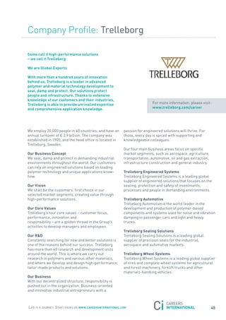Company Profile: trelleborg

some call it high-performance solutions
– we call it trelleborg

we are Global experts

with more than a hundred years of innovation
behind us, trelleborg is a leader in advanced
polymer and material technology development to
seal, damp and protect. our solutions protect
people and infrastructure. thanks to extensive
knowledge of our customers and their industries,
trelleborg is able to provide unrivalled expertise                           for more information, please visit :
and comprehensive application knowledge.                                     www.trelleborg.com/career




We employ 20,000 people in 40 countries, and have an        passion for engineered solutions will thrive. for
annual turnover of € 2.9 billion. the company was           those, every day is spiced with supporting and
established in 1905, and the head office is located in      knowledgeable colleagues.
trelleborg, sweden.
                                                            our four main business areas focus on specific
our Business concept                                        market segments, such as aerospace, agriculture,
We seal, damp and protect in demanding industrial           transportation, automotive, oil and gas extraction,
environments throughout the world. our customers            infrastructure construction and general industry.
can rely on engineered solutions based on leading
polymer technology and unique applications know-            trelleborg engineered systems
how.                                                        trelleborg Engineered systems is a leading global
                                                            supplier of engineered solutions that focuses on the
our Vision                                                  sealing, protection and safety of investments,
We shall be the customers’ first choice in our              processes and people in demanding environments.
selected market segments, creating value through
high-performance solutions.                                 trelleborg automotive
                                                            trelleborg automotive is the world leader in the
our core Values                                             development and production of polymer-based
trelleborg’s four core values – customer focus,             components and systems used for noise and vibration
performance, innovation and                                 damping in passenger cars and light and heavy
responsibility – are a golden thread in the Group’s         trucks.
activities to develop managers and employees.
                                                            trelleborg sealing solutions
our r&D                                                     trelleborg sealing solutions is a leading global
Constantly searching for new and better solutions is        supplier of precision seals for the industrial,
one of the reasons behind our success. trelleborg           aerospace and automotive markets.
has more than 40 research and development units
around the world. this is where we carry out                trelleborg wheel systems
research in polymers and various other materials,           trelleborg Wheel systems is a leading global supplier
and where we develop and design high-performance,           of tires and complete wheel systems for agricultural
tailor-made products and solutions.                         and forest machinery, forklift trucks and other
                                                            materials-handling vehicles.
our Business
With our decentralized structure, responsibility is
pushed out in the organization. Business-oriented
and innovative industrial entrepreneurs with a



Life is a journey. start yours on www.careersinternational.com                                                    45
 