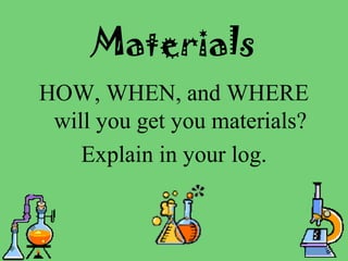 Materials
HOW, WHEN, and WHERE
will you get you materials?
Explain in your log.
 