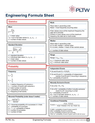 Engineering Formula Sheet
Statistics

Mode

Mean

Place data in ascending order.
Mode = most frequently occurring value

∑ xi
n

µ=

µ = mean value
Σxi = sum of all data values (x1, x2, x3, …)
n = number of data values

Median
Place data in ascending order.
If n is odd, median = central value
If n is even, median = mean of two central values

Standard Deviation

σ=ඨ

If two values occur at the maximum frequency the
data set is bimodal.
If three or more values occur at the maximum
frequency the data set is multi-modal.

∑(xi - µ)2
n

n = number of data values

σ = standard deviation
xi = individual data value ( x1, x2, x3, …)
ߤ = mean value
n = number of data values

Range
Range = xmax - xmin
xmax = maximum data value
xmin = minimum data value

Probability
Independent Events
P (A and B and C) = PAPBPC

Frequency
fx =

nx
n

Px =

fx
fa

P (A and B and C) = probability of independent
events A and B and C occurring in sequence
PA = probability of event A
Mutually Exclusive Events

fx = relative frequency of outcome x
nx = number of events with outcome x
n = total number of events
Px = probability of outcome x
fa = frequency of all events
Binomial Probability (order doesn’t matter)
Pk =

n!(pk )(qn-k )
k!(n-k)!

P (A or B) = probability of either mutually exclusive
event A or B occurring in a trial
PA = probability of event A
Σxi = sum of all data values (x1, x2, x3, …)
n = number of data values
Conditional Probability

Pk = binomial probability of k successes in n trials
p = probability of a success
q = 1 – p = probability of failure
k = number of successes
n = number of trials

PLTW, Inc.

P (A or B) = PA + PB

ܲ(‫= )ܦ|ܣ‬

ܲ(‫)ܣ|ܦ(ܲ ∙ )ܣ‬
ܲ(‫)ܣ~|ܦ(ܲ ∙ )ܣ~(ܲ + )ܣ|ܦ(ܲ ∙ )ܣ‬

P (A|D) = probability of event A given event D
P(A) = probability of event A occurring
P(~A) = probability of event A not occurring
P(D|~A) = probability of event D given event A did not occur

Engineering Formulas

IED POE

DE

CEA

AE

BE

CIM EDD

1

 
