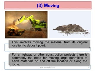 (3) Moving
This involves moving the material from its original
location to deposit point.
For a highway or other construction projects there is
commonly the need for moving large quantities of
earth materials on and off the location or along the
route.
10Prof. Ashish Makwana
 