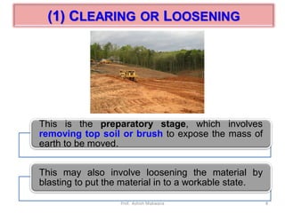 (1) CLEARING OR LOOSENING
This is the preparatory stage, which involves
removing top soil or brush to expose the mass of
earth to be moved.
This may also involve loosening the material by
blasting to put the material in to a workable state.
8Prof. Ashish Makwana
 
