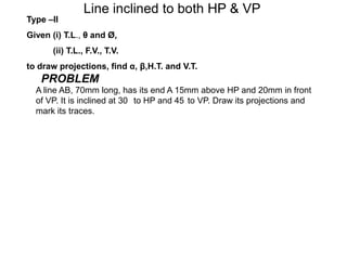 Type –II
Given (i) T.L., θ and Ø,
(ii) T.L., F.V., T.V.
to draw projections, find α, β,H.T. and V.T.
Line inclined to both HP & VP
PROBLEM
A line AB, 70mm long, has its end A 15mm above HP and 20mm in front
of VP. It is inclined at 30 to HP and 45 to VP. Draw its projections and
mark its traces.
 
