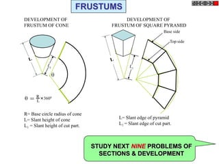 = R
L
3600
R= Base circle radius of cone
L= Slant height of cone
L1 = Slant height of cut part.
Base side
Top side
L= Slant edge of pyramid
L1 = Slant edge of cut part.
DEVELOPMENT OF
FRUSTUM OF CONE
DEVELOPMENT OF
FRUSTUM OF SQUARE PYRAMID
STUDY NEXT NINE PROBLEMS OF
SECTIONS & DEVELOPMENT
FRUSTUMS
 