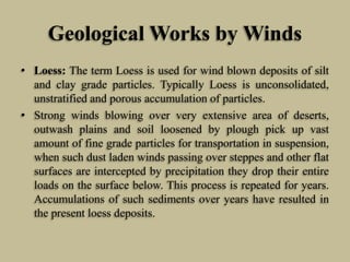 Geological Works by Winds
• Loess: The term Loess is used for wind blown deposits of silt
and clay grade particles. Typically Loess is unconsolidated,
unstratified and porous accumulation of particles.
• Strong winds blowing over very extensive area of deserts,
outwash plains and soil loosened by plough pick up vast
amount of fine grade particles for transportation in suspension,
when such dust laden winds passing over steppes and other flat
surfaces are intercepted by precipitation they drop their entire
loads on the surface below. This process is repeated for years.
Accumulations of such sediments over years have resulted in
the present loess deposits.
 