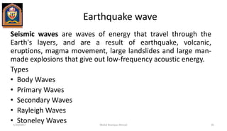 Earthquake wave
Seismic waves are waves of energy that travel through the
Earth's layers, and are a result of earthquake, volcanic,
eruptions, magma movement, large landslides and large man-
made explosions that give out low-frequency acoustic energy.
Types
• Body Waves
• Primary Waves
• Secondary Waves
• Rayleigh Waves
• Stoneley Waves5/20/2017 Mohd Sharique Ahmad 35
 