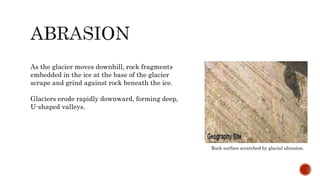 As the glacier moves downhill, rock fragments
embedded in the ice at the base of the glacier
scrape and grind against rock beneath the ice.
Glaciers erode rapidly downward, forming deep,
U-shaped valleys.
Rock surface scratched by glacial abrasion.
 
