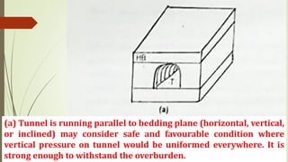 (a) Tunnel is running parallel to bedding plane (horizontal, vertical,
or inclined) may consider safe and favourable condition where
vertical pressure on tunnel would be uniformed everywhere. It is
strong enough to withstand the overburden.
 