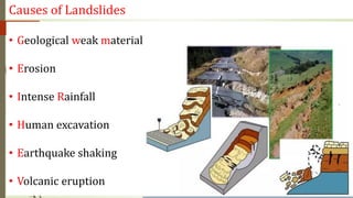 Causes of Landslides
• Geological weak material
• Erosion
• Intense Rainfall
• Human excavation
• Earthquake shaking
• Volcanic eruption
 