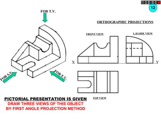 FOR T.V.
FOR
S.V. FOR
F.V.
PICTORIAL PRESENTATION IS GIVEN
DRAW THREE VIEWS OF THIS OBJECT
BY FIRST ANGLE PROJECTION METHOD
12
ORTHOGRAPHIC PROJECTIONS
FRONT VIEW
TOP VIEW
L.H.SIDE VIEW
X Y
 