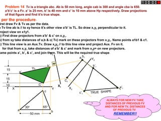 X Y
a
c
b
C’
b’
a’
10
15
15 TL
X1
Y1
C1
b1a1
a’1
b’1
c’1 TRUE SHAPE
900
X2
Y2
Problem 14 Tv is a triangle abc. Ab is 50 mm long, angle cab is 300 and angle cba is 650.
a’b’c’ is a Fv. a’ is 25 mm, b’ is 40 mm and c’ is 10 mm above Hp respectively. Draw projections
of that figure and find it’s true shape.
300 650
50 mm
s per the procedure-
irst draw Fv & Tv as per the data.
n Tv line ab is // to xy hence it’s other view a’b’ is TL. So draw x1y1 perpendicular to it.
roject view on x1y1.
a) First draw projectors from a’b’ & c’ on x1y1.
b) from xy take distances of a,b & c( Tv) mark on these projectors from x1y1. Name points a1b1 & c1.
c) This line view is an Aux.Tv. Draw x2y2 // to this line view and project Aux. Fv on it.
for that from x1y1 take distances of a’b’ & c’ and mark from x2y= on new projectors.
Name points a’1 b’1 & c’1 and join them. This will be the required true shape.
ALWAYS FOR NEW FV TAKE
DISTANCES OF PREVIOUS FV
AND FOR NEW TV, DISTANCES
OF PREVIOUS TV
REMEMBER!!
 