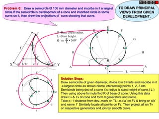o’
h
a
b
c
d
g
f
o e
a’ b’ c’ g’ d’f’ e’h’X Y
θ = R
L
+
3600
R=Base circle radius.
L=Slant height.
θ
A
B
C
D
E
F
G
H
A
O
1
3
2
4
7
6
5
L
11
22
33
44
55
66
77
1’1’
2’2’
3’3’ 4’4’5’5’
6’6’
7’7’
Problem 6:Problem 6: Draw a semicircle 0f 100 mm diameter and inscribe in it a largestDraw a semicircle 0f 100 mm diameter and inscribe in it a largest
circle.If the semicircle is development of a cone and inscribed circle is somecircle.If the semicircle is development of a cone and inscribed circle is some
curve on it, then draw the projections of cone showing that curve.curve on it, then draw the projections of cone showing that curve.
Solution Steps:Solution Steps:
Draw semicircle of given diameter, divide it in 8 Parts and inscribe in itDraw semicircle of given diameter, divide it in 8 Parts and inscribe in it
a largest circle as shown.Name intersecting points 1, 2, 3 etc.a largest circle as shown.Name intersecting points 1, 2, 3 etc.
Semicircle being dev.of a cone it’s radius is slant height of cone.( L )Semicircle being dev.of a cone it’s radius is slant height of cone.( L )
Then using above formula find R of base of cone. Using this dataThen using above formula find R of base of cone. Using this data
draw Fv & Tv of cone and form 8 generators and name.draw Fv & Tv of cone and form 8 generators and name.
Take o -1 distance from dev.,mark on TL i.e.o’a’ on Fv & bring on o’b’Take o -1 distance from dev.,mark on TL i.e.o’a’ on Fv & bring on o’b’
and name 1’ Similarly locate all points on Fv. Then project all on Tvand name 1’ Similarly locate all points on Fv. Then project all on Tv
on respective generators and join by smooth curve.on respective generators and join by smooth curve.
LL
TO DRAW PRINCIPALTO DRAW PRINCIPAL
VIEWS FROM GIVENVIEWS FROM GIVEN
DEVELOPMENT.DEVELOPMENT.
 
