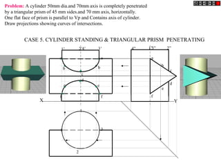X Y
1
2
3
4
4” 1”3” 2”1’ 2’4’ 3’
b
e
a
c
d
f
bb
c
d
e e
aa
f f
CASE 5. CYLINDER STANDING & TRIANGULAR PRISM PENETRATING
Problem: A cylinder 50mm dia.and 70mm axis is completely penetrated
by a triangular prism of 45 mm sides.and 70 mm axis, horizontally.
One flat face of prism is parallel to Vp and Contains axis of cylinder.
Draw projections showing curves of intersections.
 