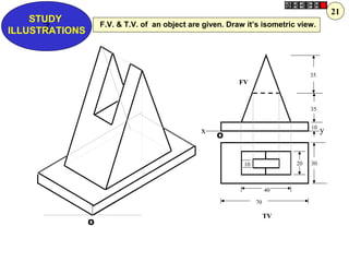 Z
STUDY
ILLUSTRATIONS
x y
FV
TV
35
35
10
302010
40
70
O
O
F.V. & T.V. of an object are given. Draw it’s isometric view.
21
 