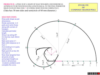 1
2
34
5
6
1 2 3 4 5 6
A
P
πD/2
P1
1toP
P2
2
to
P
P3
3 to P
P4
4toP
P
AtoPP5
5toP
P6
6toP
INVOLUTE
OF
COMPOSIT SHAPED POLE
PROBLEM 20 : A POLE IS OF A SHAPE OF HALF HEXABON AND SEMICIRCLE.
ASTRING IS TO BE WOUND HAVING LENGTH EQUAL TO THE POLE PERIMETER
DRAW PATH OF FREE END P OF STRING WHEN WOUND COMPLETELY.
(Take hex 30 mm sides and semicircle of 60 mm diameter.)
SOLUTION STEPS:
Draw pole shape as per
dimensions.
Divide semicircle in 4
parts and name those
along with corners of
hexagon.
Calculate perimeter
length.
Show it as string AP.
On this line mark 30mm
from A
Mark and name it 1
Mark πD/2 distance on it
from 1
And dividing it in 4 parts
name 2,3,4,5.
Mark point 6 on line 30
mm from 5
Now draw tangents from
all points of pole
and proper lengths as
done in all previous
involute’s problems and
complete the curve.
 