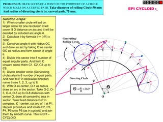 C
C1
C2
C3 C4
C
5
C
8
C6
C7
EPI CYCLOID :
P
O
R
r = CP
+
r
R
3600
=
1
2
3
4 5
6
7
Generating/
Rolling Circle
Directing Circle
PROBLEM 25: DRAW LOCUS OF A POINT ON THE PERIPHERY OF A CIRCLE
WHICH ROLLS ON A CURVED PATH. Take diameter of rolling Circle 50 mm
And radius of directing circle i.e. curved path, 75 mm.
Solution Steps:
1)  When smaller circle will roll on
larger circle for one revolution it will
cover Π D distance on arc and it will be
decided by included arc angle θ.
2)  Calculate θ by formula θ = (r/R) x
3600.
3)  Construct angle θ with radius OC
and draw an arc by taking O as center
OC as radius and form sector of angle
θ.
4)  Divide this sector into 8 number of
equal angular parts. And from C
onward name them C1, C2, C3 up to
C8.
5)  Divide smaller circle (Generating
circle) also in 8 number of equal parts.
And next to P in clockwise direction
name those 1, 2, 3, up to 8.
6)  With O as center, O-1 as radius
draw an arc in the sector. Take O-2, O-
3, O-4, O-5 up to O-8 distances with
center O, draw all concentric arcs in
sector. Take fixed distance C-P in
compass, C1 center, cut arc of 1 at P1.
Repeat procedure and locate P2, P3,
P4, P5 unto P8 (as in cycloid) and join
them by smooth curve. This is EPI –
CYCLOID.
 