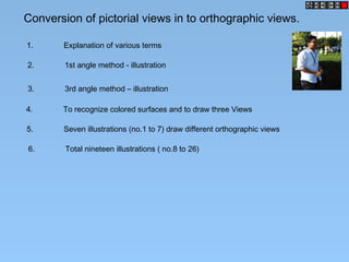 Conversion of pictorial views in to orthographic views.
1. Explanation of various terms
2. 1st angle method - illustration
3. 3rd angle method – illustration
4. To recognize colored surfaces and to draw three Views
5. Seven illustrations (no.1 to 7) draw different orthographic views
6. Total nineteen illustrations ( no.8 to 26)
 