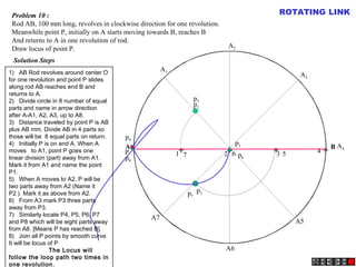 A B
A1
A2
A4
A5
A3
A6
A7
P
p1
p2
p3
p4
p5
p6
p7
p8
1 2 3 4567
Problem 10 :
Rod AB, 100 mm long, revolves in clockwise direction for one revolution.
Meanwhile point P, initially on A starts moving towards B, reaches B
And returns to A in one revolution of rod.
Draw locus of point P.
Solution Steps
+ + + +
ROTATING LINK
1)   AB Rod revolves around center O
for one revolution and point P slides
along rod AB reaches end B and
returns to A.
2)   Divide circle in 8 number of equal
parts and name in arrow direction
after A-A1, A2, A3, up to A8.
3)   Distance traveled by point P is AB
plus AB mm. Divide AB in 4 parts so
those will be 8 equal parts on return.
4)   Initially P is on end A. When A
moves to A1, point P goes one
linear division (part) away from A1.
Mark it from A1 and name the point
P1.
5)   When A moves to A2, P will be
two parts away from A2 (Name it
P2 ). Mark it as above from A2.
6)   From A3 mark P3 three parts
away from P3.
7)   Similarly locate P4, P5, P6, P7
and P8 which will be eight parts away
from A8. [Means P has reached B].
8)   Join all P points by smooth curve.
It will be locus of P
The Locus will
follow the loop path two times in
one revolution.
 