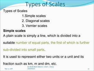 Types of Scales
Types of Scales
1.Simple scales
2. Diagonal scales
3. Vernier scales
Simple scales
A plain scale is simply a line, which is divided into a
suitable number of equal parts, the first of which is further
sub-divided into small parts.
It is used to represent either two units or a unit and its
fraction such as km, m and dm, etc.
Sep 12, 2018
Dr.RGM PROF/MECH / UNIT 1 ENGG
GRAPHICS 22
 