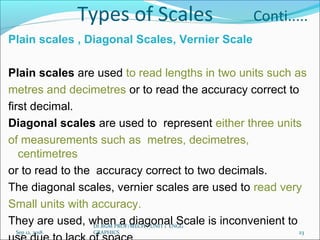 Types of Scales Conti.....
Plain scales , Diagonal Scales, Vernier Scale
Plain scales are used to read lengths in two units such as
metres and decimetres or to read the accuracy correct to
first decimal.
Diagonal scales are used to represent either three units
of measurements such as metres, decimetres,
centimetres
or to read to the accuracy correct to two decimals.
The diagonal scales, vernier scales are used to read very
Small units with accuracy.
They are used, when a diagonal Scale is inconvenient to
Sep 12, 2018
Dr.RGM PROF/MECH / UNIT 1 ENGG
GRAPHICS 23
 