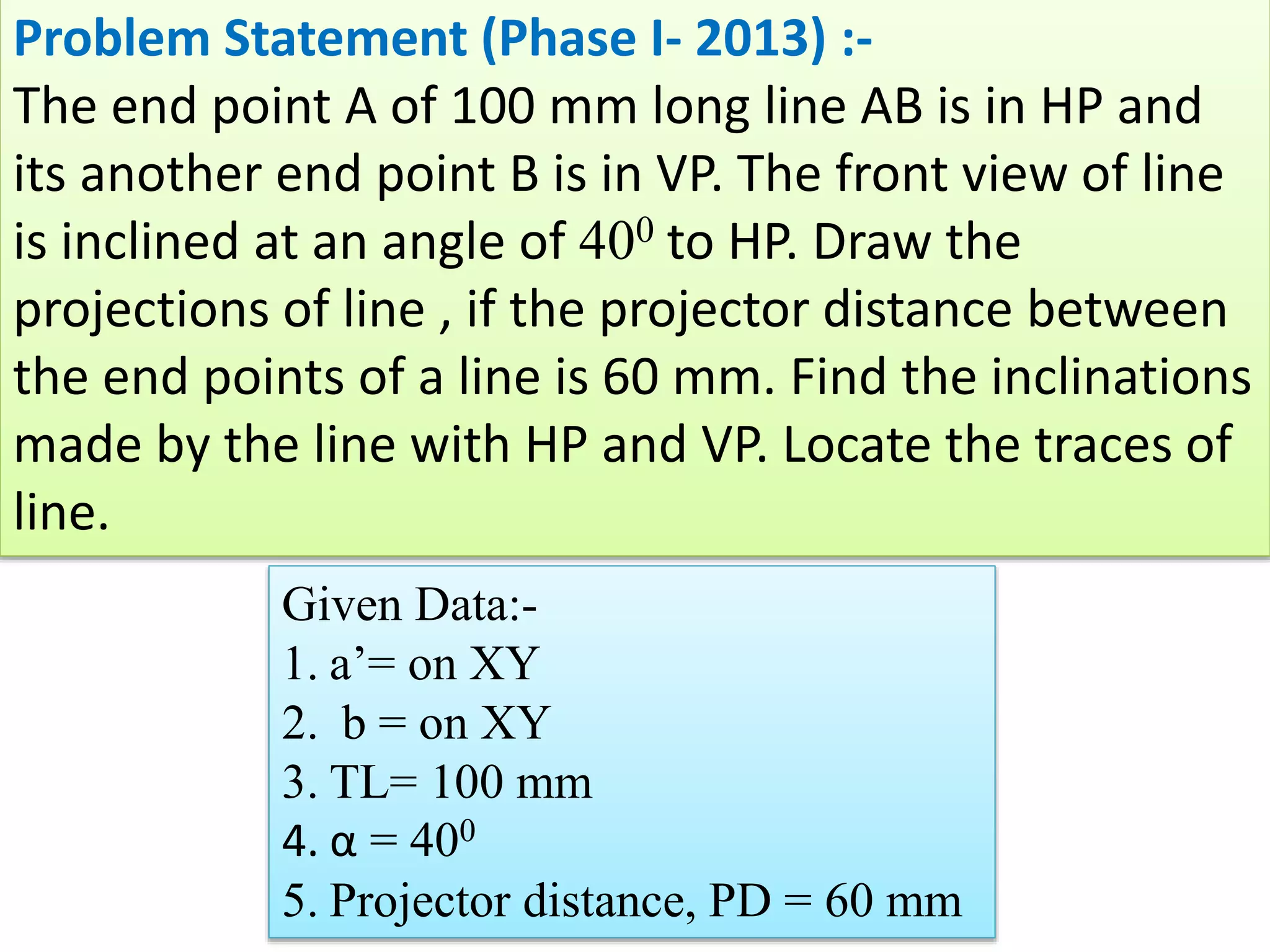 Problem Statement (Phase I- 2013) :-
The end point A of 100 mm long line AB is in HP and
its another end point B is in VP. The front view of line
is inclined at an angle of 400 to HP. Draw the
projections of line , if the projector distance between
the end points of a line is 60 mm. Find the inclinations
made by the line with HP and VP. Locate the traces of
line.
Given Data:-
1. a’= on XY
2. b = on XY
3. TL= 100 mm
4. α = 400
5. Projector distance, PD = 60 mm