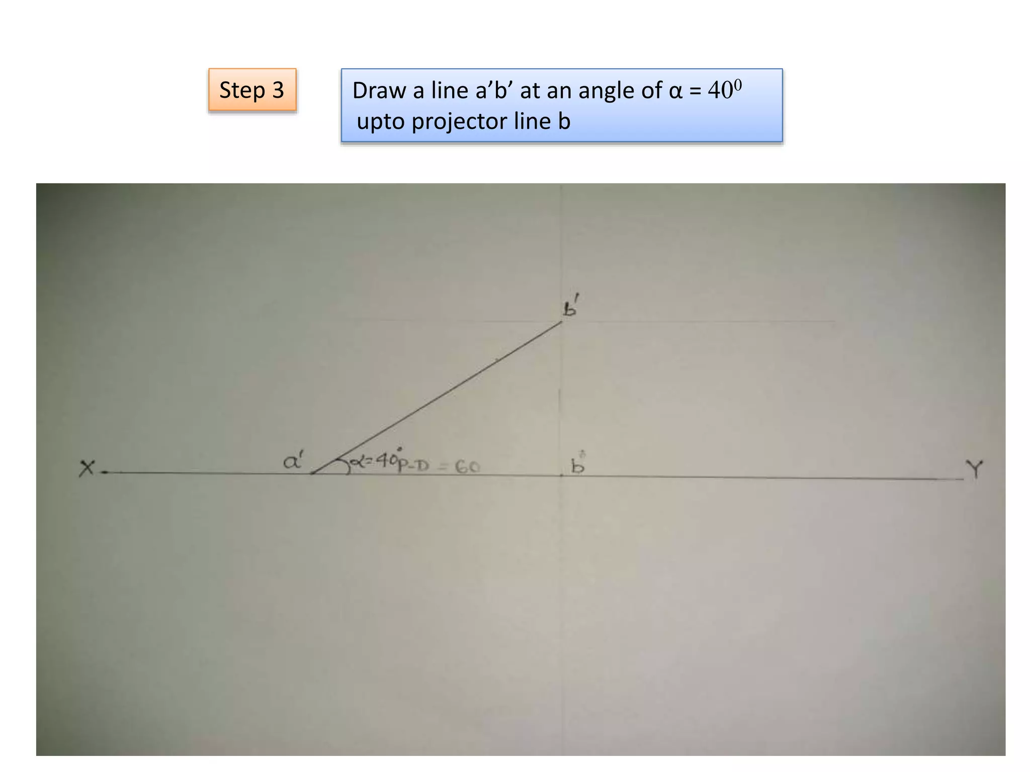 Draw a line a’b’ at an angle of α = 400
upto projector line b
Step 3