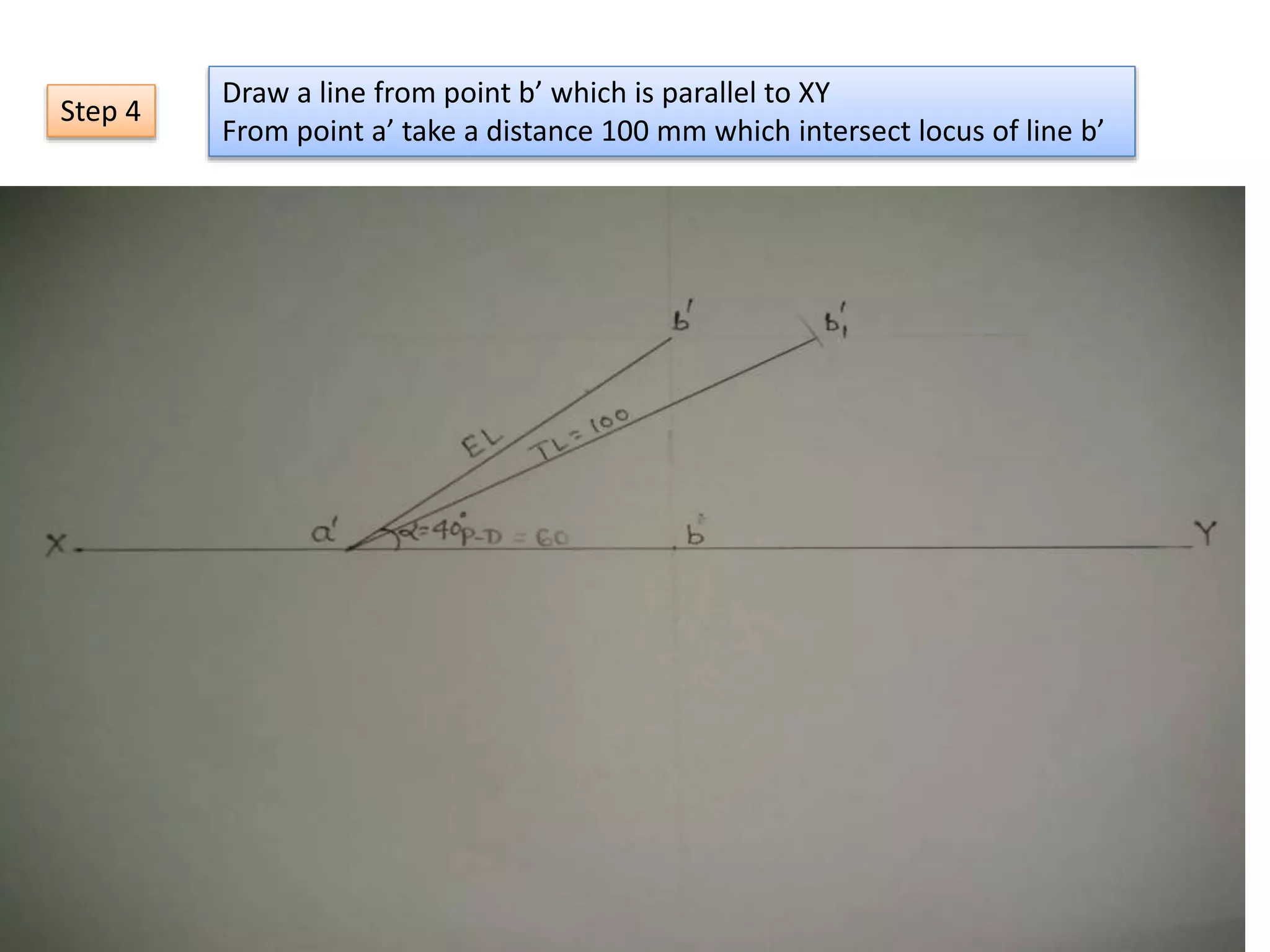 Draw a line from point b’ which is parallel to XY
From point a’ take a distance 100 mm which intersect locus of line b’
Step 4