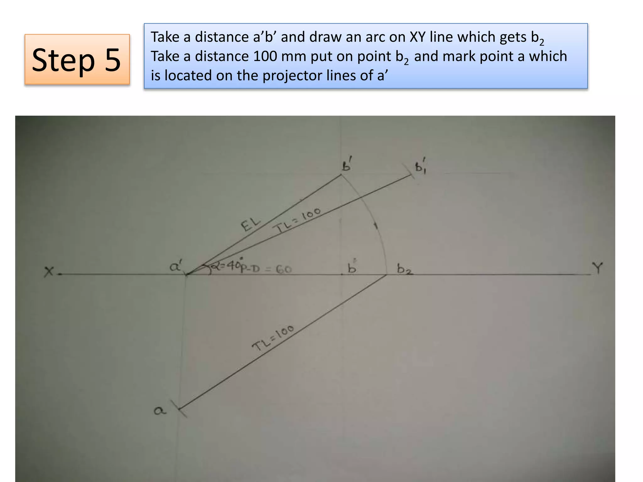 Take a distance a’b’ and draw an arc on XY line which gets b2
Take a distance 100 mm put on point b2 and mark point a which
is located on the projector lines of a’
Step 5