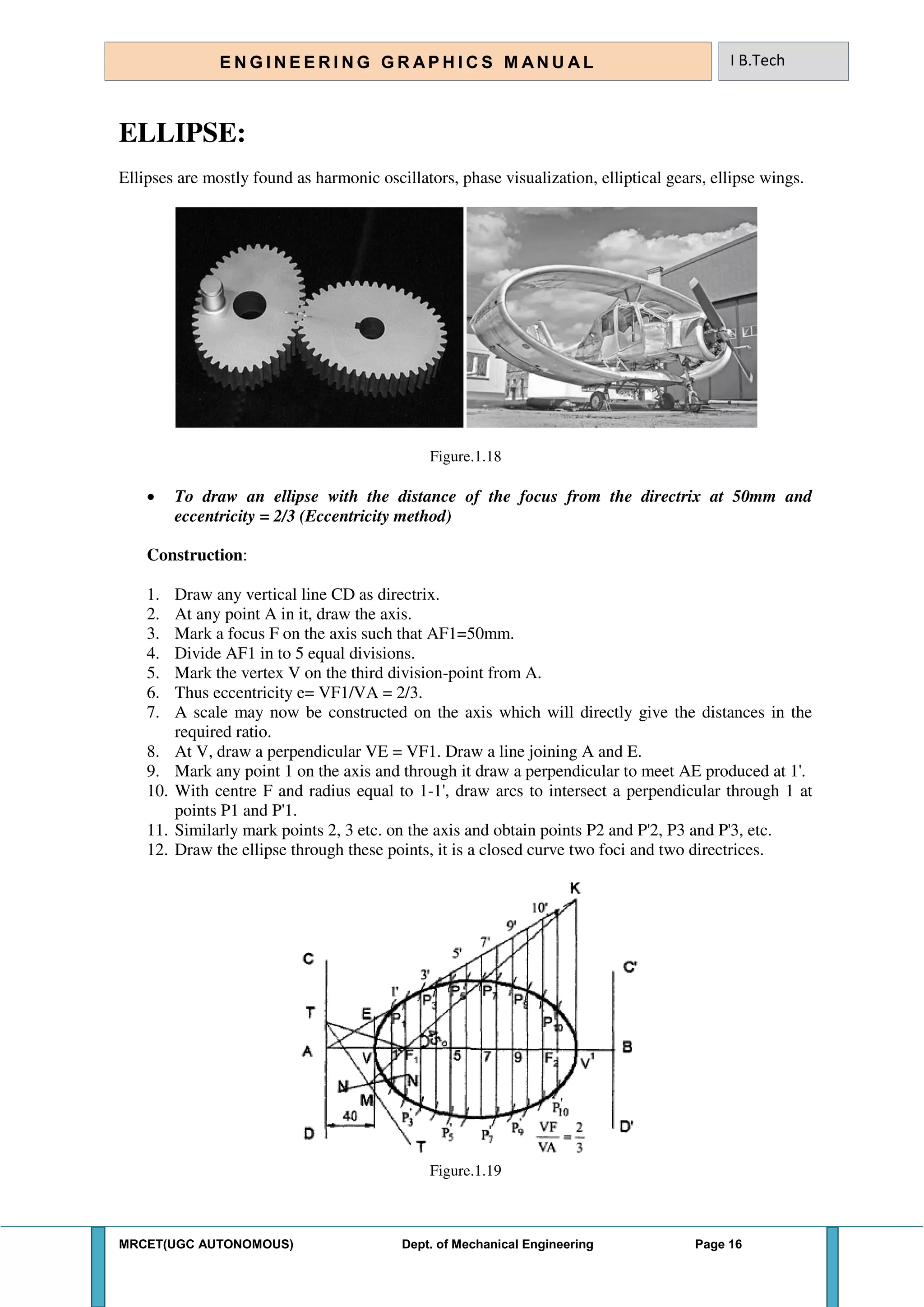 MRCET(UGC AUTONOMOUS) Dept. of Mechanical Engineering Page 16
E N G I N E E R I N G G R A P H I C S M AN U A L I B.Tech
ELLIPSE:
Ellipses are mostly found as harmonic oscillators, phase visualization, elliptical gears, ellipse wings.
Figure.1.18
 To draw an ellipse with the distance of the focus from the directrix at 50mm and
eccentricity = 2/3 (Eccentricity method)
Construction:
1. Draw any vertical line CD as directrix.
2. At any point A in it, draw the axis.
3. Mark a focus F on the axis such that AF1=50mm.
4. Divide AF1 in to 5 equal divisions.
5. Mark the vertex V on the third division-point from A.
6. Thus eccentricity e= VF1/VA = 2/3.
7. A scale may now be constructed on the axis which will directly give the distances in the
required ratio.
8. At V, draw a perpendicular VE = VF1. Draw a line joining A and E.
9. Mark any point 1 on the axis and through it draw a perpendicular to meet AE produced at 1'.
10. With centre F and radius equal to 1-1', draw arcs to intersect a perpendicular through 1 at
points P1 and P'1.
11. Similarly mark points 2, 3 etc. on the axis and obtain points P2 and P'2, P3 and P'3, etc.
12. Draw the ellipse through these points, it is a closed curve two foci and two directrices.
Figure.1.19
 