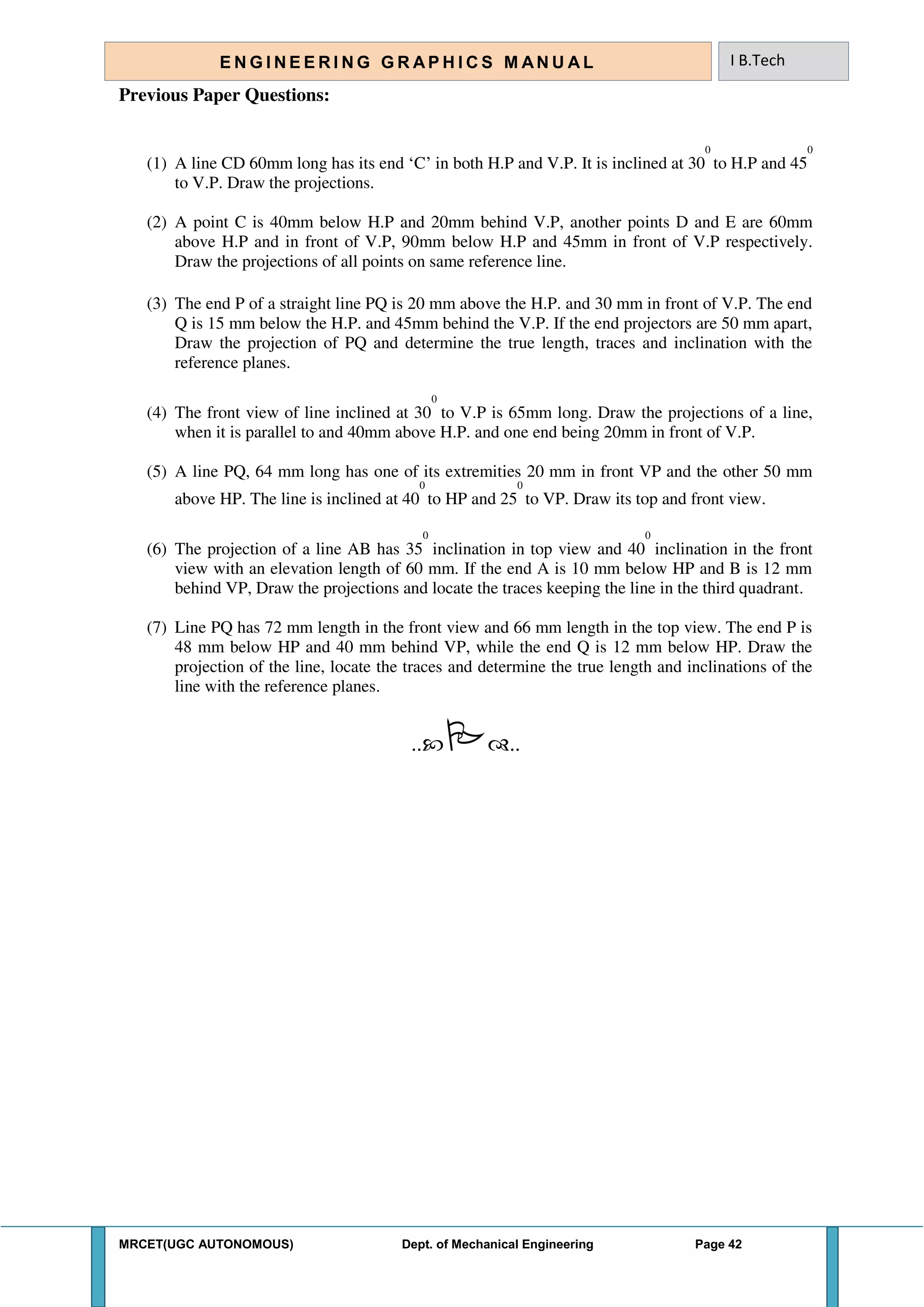 MRCET(UGC AUTONOMOUS) Dept. of Mechanical Engineering Page 42
E N G I N E E R I N G G R A P H I C S M AN U A L I B.Tech
Previous Paper Questions:
(1) A line CD 60mm long has its end ‘C’ in both H.P and V.P. It is inclined at 30
0
to H.P and 45
0
to V.P. Draw the projections.
(2) A point C is 40mm below H.P and 20mm behind V.P, another points D and E are 60mm
above H.P and in front of V.P, 90mm below H.P and 45mm in front of V.P respectively.
Draw the projections of all points on same reference line.
(3) The end P of a straight line PQ is 20 mm above the H.P. and 30 mm in front of V.P. The end
Q is 15 mm below the H.P. and 45mm behind the V.P. If the end projectors are 50 mm apart,
Draw the projection of PQ and determine the true length, traces and inclination with the
reference planes.
(4) The front view of line inclined at 30
0
to V.P is 65mm long. Draw the projections of a line,
when it is parallel to and 40mm above H.P. and one end being 20mm in front of V.P.
(5) A line PQ, 64 mm long has one of its extremities 20 mm in front VP and the other 50 mm
above HP. The line is inclined at 40
0
to HP and 25
0
to VP. Draw its top and front view.
(6) The projection of a line AB has 35
0
inclination in top view and 40
0
inclination in the front
view with an elevation length of 60 mm. If the end A is 10 mm below HP and B is 12 mm
behind VP, Draw the projections and locate the traces keeping the line in the third quadrant.
(7) Line PQ has 72 mm length in the front view and 66 mm length in the top view. The end P is
48 mm below HP and 40 mm behind VP, while the end Q is 12 mm below HP. Draw the
projection of the line, locate the traces and determine the true length and inclinations of the
line with the reference planes.
....
 