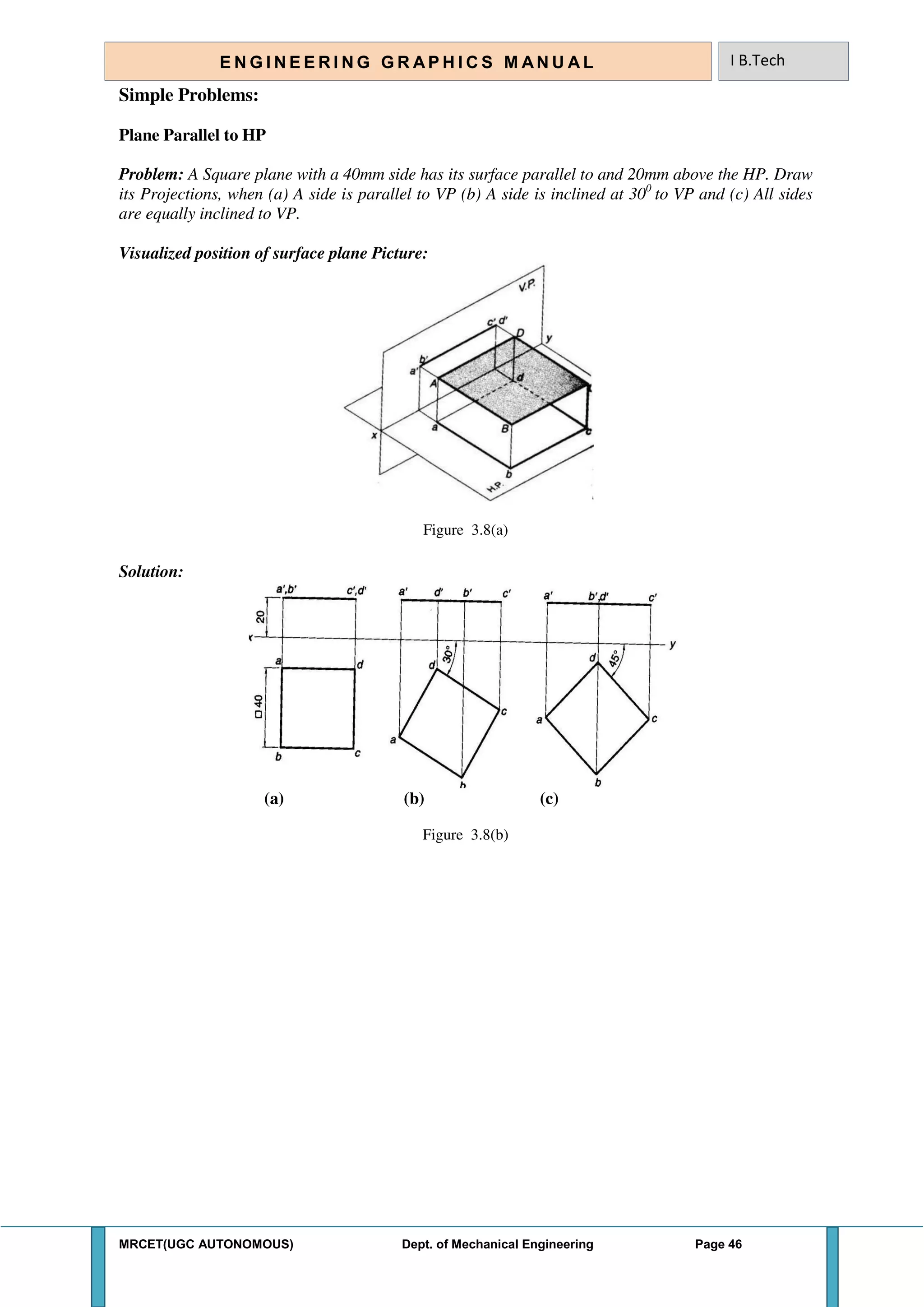 MRCET(UGC AUTONOMOUS) Dept. of Mechanical Engineering Page 46
E N G I N E E R I N G G R A P H I C S M AN U A L I B.Tech
Simple Problems:
Plane Parallel to HP
Problem: A Square plane with a 40mm side has its surface parallel to and 20mm above the HP. Draw
its Projections, when (a) A side is parallel to VP (b) A side is inclined at 300
to VP and (c) All sides
are equally inclined to VP.
Visualized position of surface plane Picture:
Figure 3.8(a)
Solution:
(a) (b) (c)
Figure 3.8(b)
 