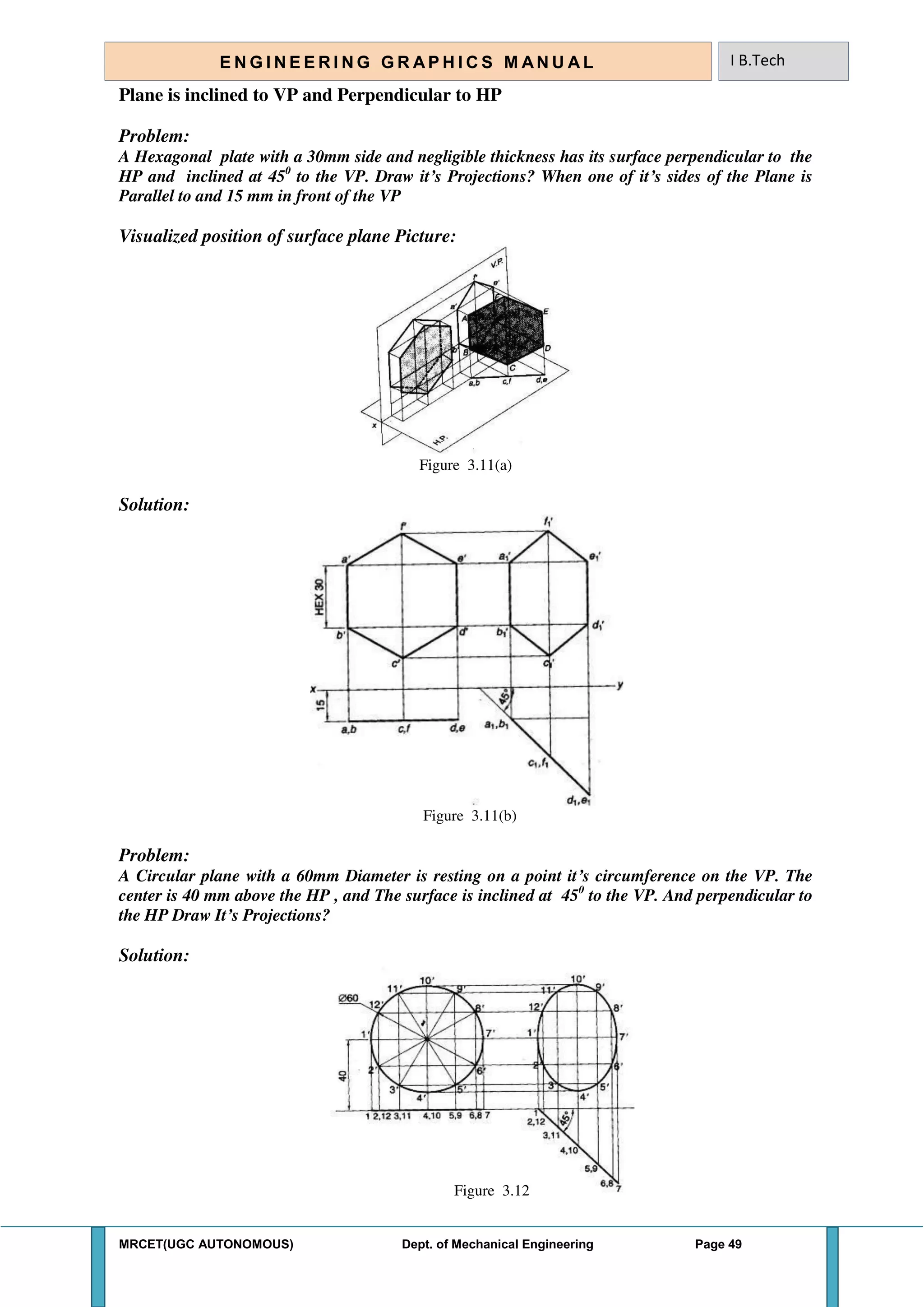 MRCET(UGC AUTONOMOUS) Dept. of Mechanical Engineering Page 49
E N G I N E E R I N G G R A P H I C S M AN U A L I B.Tech
Plane is inclined to VP and Perpendicular to HP
Problem:
A Hexagonal plate with a 30mm side and negligible thickness has its surface perpendicular to the
HP and inclined at 450
to the VP. Draw it’s Projections? When one of it’s sides of the Plane is
Parallel to and 15 mm in front of the VP
Visualized position of surface plane Picture:
Figure 3.11(a)
Solution:
Figure 3.11(b)
Problem:
A Circular plane with a 60mm Diameter is resting on a point it’s circumference on the VP. The
center is 40 mm above the HP , and The surface is inclined at 450
to the VP. And perpendicular to
the HP Draw It’s Projections?
Solution:
Figure 3.12
 
