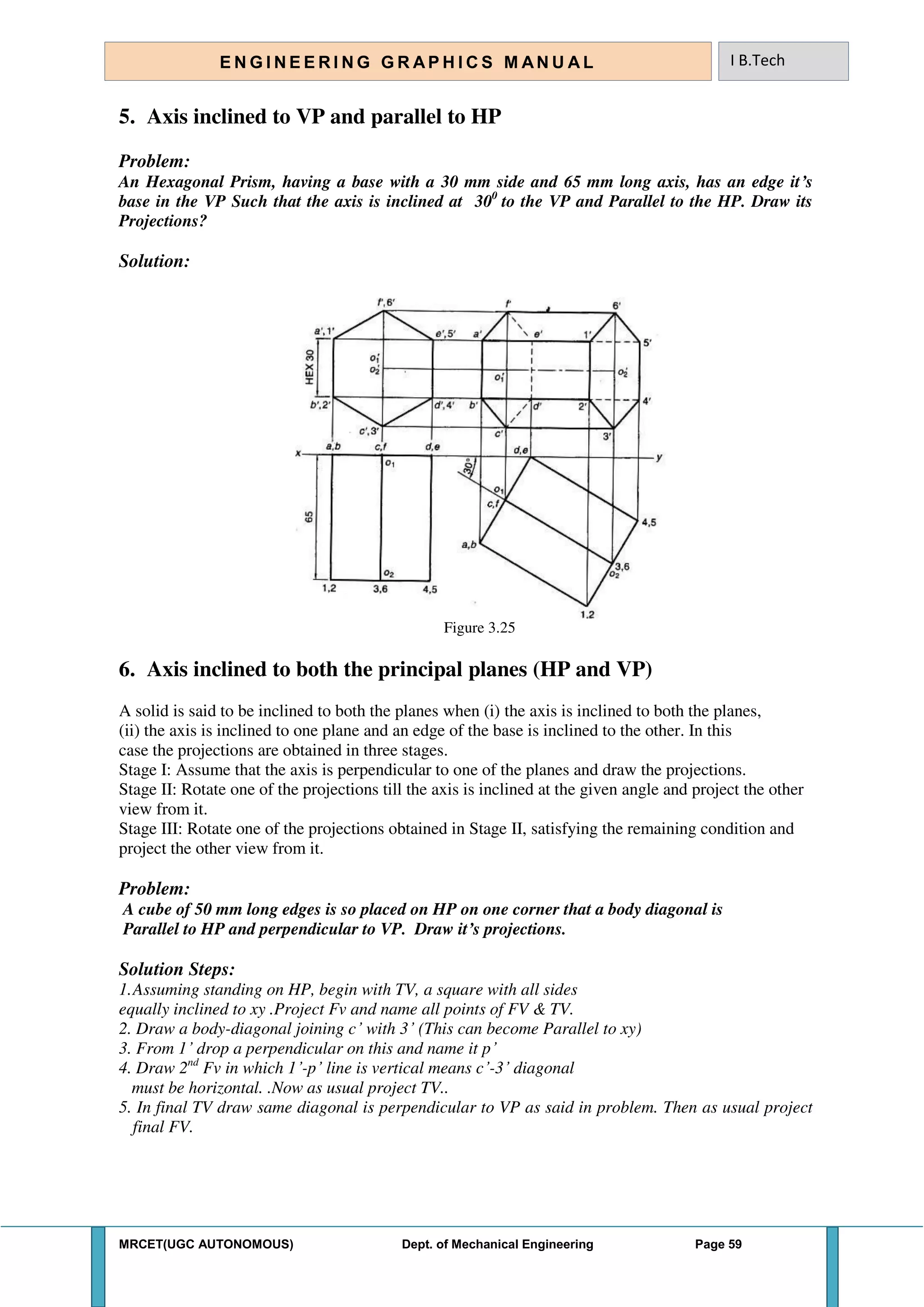 MRCET(UGC AUTONOMOUS) Dept. of Mechanical Engineering Page 59
E N G I N E E R I N G G R A P H I C S M AN U A L I B.Tech
5. Axis inclined to VP and parallel to HP
Problem:
An Hexagonal Prism, having a base with a 30 mm side and 65 mm long axis, has an edge it’s
base in the VP Such that the axis is inclined at 300
to the VP and Parallel to the HP. Draw its
Projections?
Solution:
Figure 3.25
6. Axis inclined to both the principal planes (HP and VP)
A solid is said to be inclined to both the planes when (i) the axis is inclined to both the planes,
(ii) the axis is inclined to one plane and an edge of the base is inclined to the other. In this
case the projections are obtained in three stages.
Stage I: Assume that the axis is perpendicular to one of the planes and draw the projections.
Stage II: Rotate one of the projections till the axis is inclined at the given angle and project the other
view from it.
Stage III: Rotate one of the projections obtained in Stage II, satisfying the remaining condition and
project the other view from it.
Problem:
A cube of 50 mm long edges is so placed on HP on one corner that a body diagonal is
Parallel to HP and perpendicular to VP. Draw it’s projections.
Solution Steps:
1.Assuming standing on HP, begin with TV, a square with all sides
equally inclined to xy .Project Fv and name all points of FV & TV.
2. Draw a body-diagonal joining c’ with 3’ (This can become Parallel to xy)
3. From 1’ drop a perpendicular on this and name it p’
4. Draw 2nd
Fv in which 1’-p’ line is vertical means c’-3’ diagonal
must be horizontal. .Now as usual project TV..
5. In final TV draw same diagonal is perpendicular to VP as said in problem. Then as usual project
final FV.
 