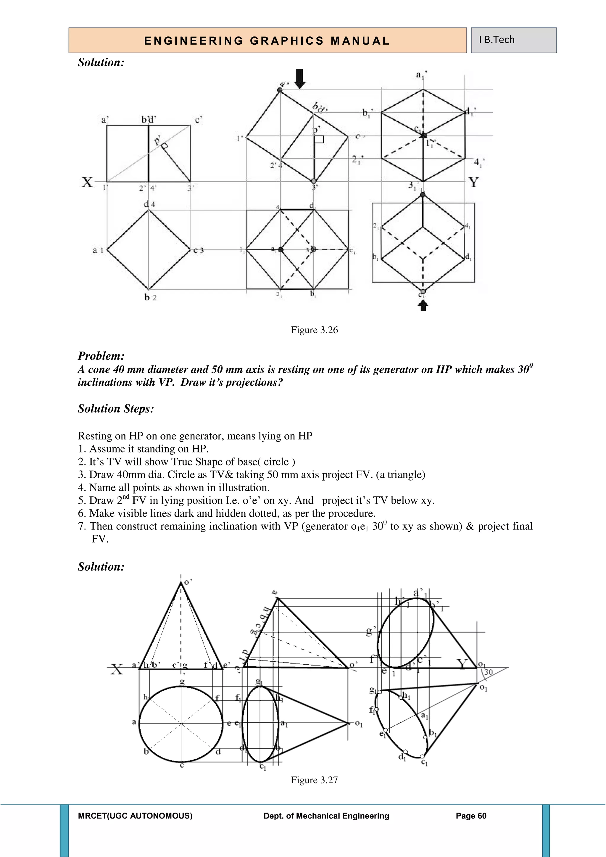 MRCET(UGC AUTONOMOUS) Dept. of Mechanical Engineering Page 60
E N G I N E E R I N G G R A P H I C S M AN U A L I B.Tech
Solution:
Figure 3.26
Problem:
A cone 40 mm diameter and 50 mm axis is resting on one of its generator on HP which makes 300
inclinations with VP. Draw it’s projections?
Solution Steps:
Resting on HP on one generator, means lying on HP
1. Assume it standing on HP.
2. It’s TV will show True Shape of base( circle )
3. Draw 40mm dia. Circle as TV& taking 50 mm axis project FV. (a triangle)
4. Name all points as shown in illustration.
5. Draw 2nd
FV in lying position I.e. o’e’ on xy. And project it’s TV below xy.
6. Make visible lines dark and hidden dotted, as per the procedure.
7. Then construct remaining inclination with VP (generator o1e1 300
to xy as shown) & project final
FV.
Solution:
Figure 3.27
 