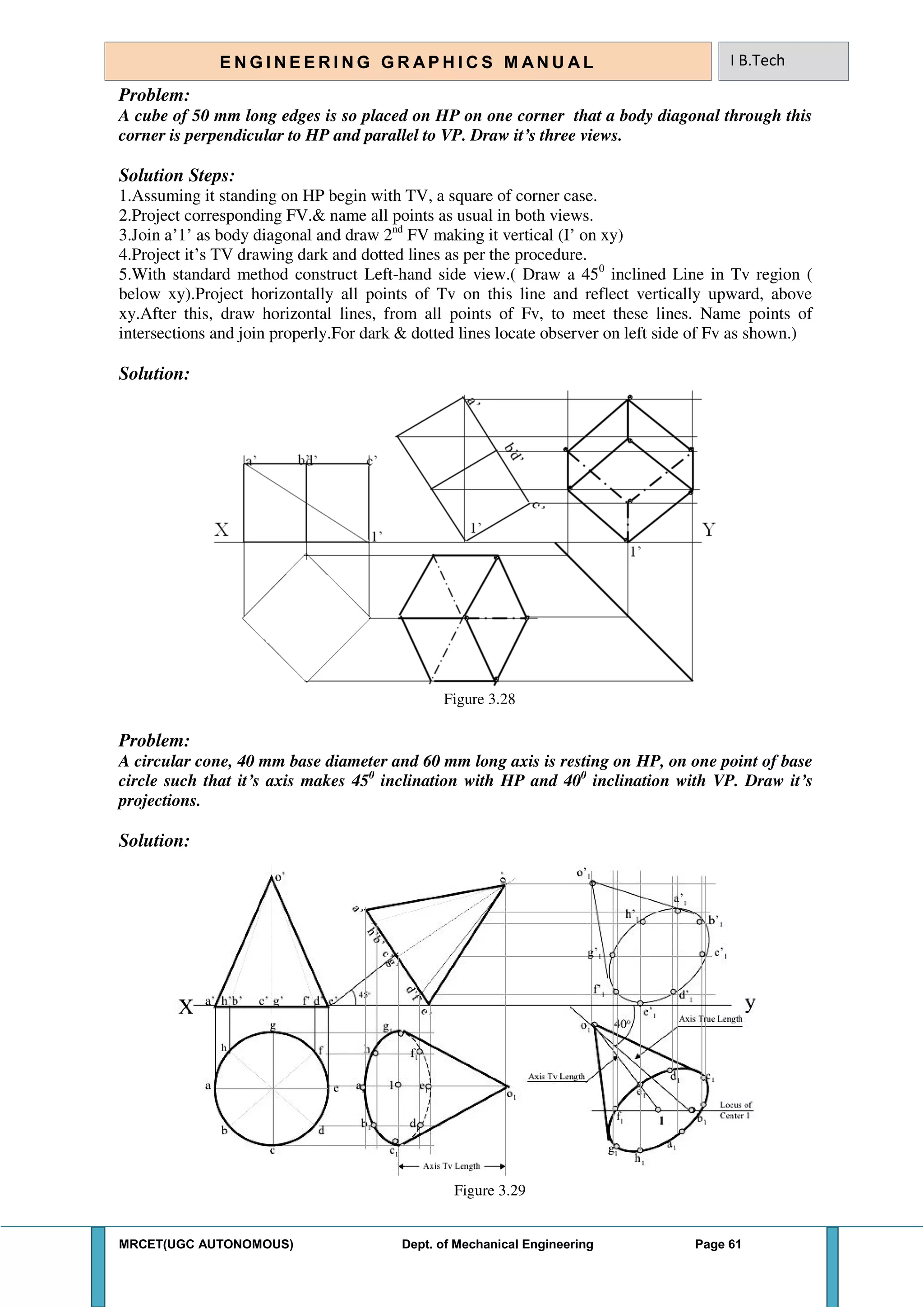 MRCET(UGC AUTONOMOUS) Dept. of Mechanical Engineering Page 61
E N G I N E E R I N G G R A P H I C S M AN U A L I B.Tech
Problem:
A cube of 50 mm long edges is so placed on HP on one corner that a body diagonal through this
corner is perpendicular to HP and parallel to VP. Draw it’s three views.
Solution Steps:
1.Assuming it standing on HP begin with TV, a square of corner case.
2.Project corresponding FV.& name all points as usual in both views.
3.Join a’1’ as body diagonal and draw 2nd
FV making it vertical (I’ on xy)
4.Project it’s TV drawing dark and dotted lines as per the procedure.
5.With standard method construct Left-hand side view.( Draw a 450
inclined Line in Tv region (
below xy).Project horizontally all points of Tv on this line and reflect vertically upward, above
xy.After this, draw horizontal lines, from all points of Fv, to meet these lines. Name points of
intersections and join properly.For dark & dotted lines locate observer on left side of Fv as shown.)
Solution:
Figure 3.28
Problem:
A circular cone, 40 mm base diameter and 60 mm long axis is resting on HP, on one point of base
circle such that it’s axis makes 450
inclination with HP and 400
inclination with VP. Draw it’s
projections.
Solution:
Figure 3.29
 