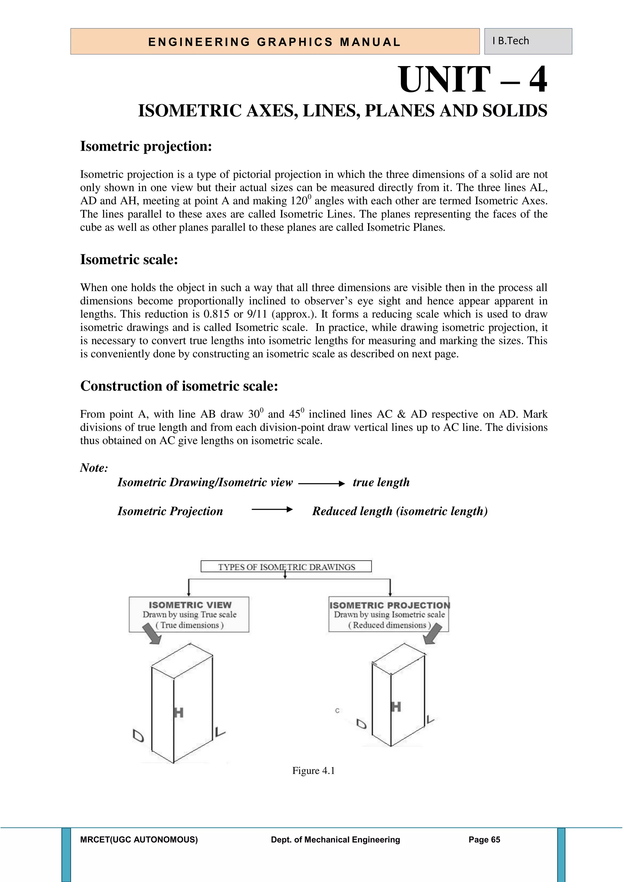 MRCET(UGC AUTONOMOUS) Dept. of Mechanical Engineering Page 65
E N G I N E E R I N G G R A P H I C S M AN U A L I B.Tech
UNIT – 4
ISOMETRIC AXES, LINES, PLANES AND SOLIDS
Isometric projection:
Isometric projection is a type of pictorial projection in which the three dimensions of a solid are not
only shown in one view but their actual sizes can be measured directly from it. The three lines AL,
AD and AH, meeting at point A and making 1200
angles with each other are termed Isometric Axes.
The lines parallel to these axes are called Isometric Lines. The planes representing the faces of the
cube as well as other planes parallel to these planes are called Isometric Planes.
Isometric scale:
When one holds the object in such a way that all three dimensions are visible then in the process all
dimensions become proportionally inclined to observer’s eye sight and hence appear apparent in
lengths. This reduction is 0.815 or 9/11 (approx.). It forms a reducing scale which is used to draw
isometric drawings and is called Isometric scale. In practice, while drawing isometric projection, it
is necessary to convert true lengths into isometric lengths for measuring and marking the sizes. This
is conveniently done by constructing an isometric scale as described on next page.
Construction of isometric scale:
From point A, with line AB draw 300
and 450
inclined lines AC & AD respective on AD. Mark
divisions of true length and from each division-point draw vertical lines up to AC line. The divisions
thus obtained on AC give lengths on isometric scale.
Note:
Isometric Drawing/Isometric view true length
Isometric Projection Reduced length (isometric length)
Figure 4.1
 
