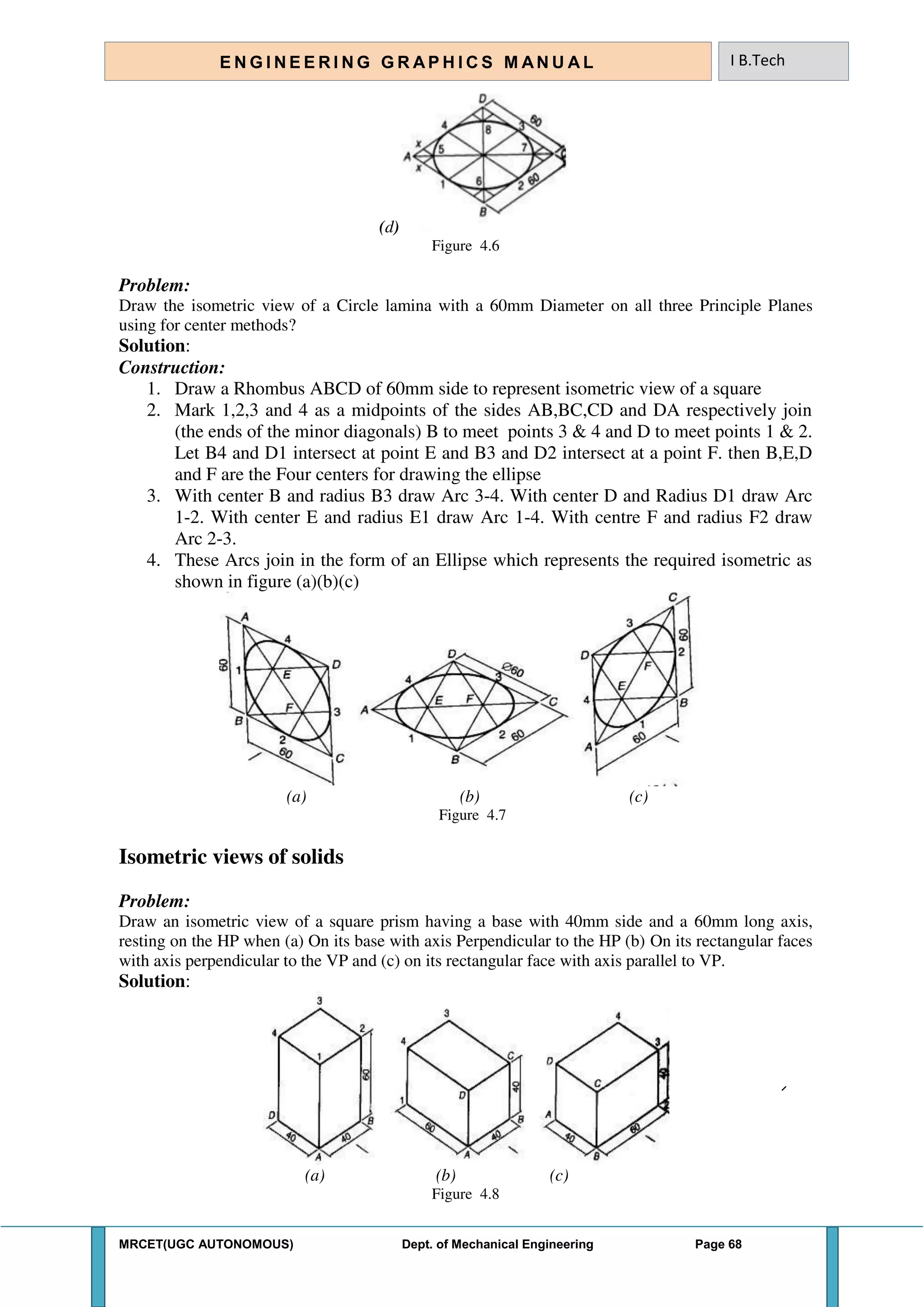 MRCET(UGC AUTONOMOUS) Dept. of Mechanical Engineering Page 68
E N G I N E E R I N G G R A P H I C S M AN U A L I B.Tech
(d)
Figure 4.6
Problem:
Draw the isometric view of a Circle lamina with a 60mm Diameter on all three Principle Planes
using for center methods?
Solution:
Construction:
1. Draw a Rhombus ABCD of 60mm side to represent isometric view of a square
2. Mark 1,2,3 and 4 as a midpoints of the sides AB,BC,CD and DA respectively join
(the ends of the minor diagonals) B to meet points 3 & 4 and D to meet points 1 & 2.
Let B4 and D1 intersect at point E and B3 and D2 intersect at a point F. then B,E,D
and F are the Four centers for drawing the ellipse
3. With center B and radius B3 draw Arc 3-4. With center D and Radius D1 draw Arc
1-2. With center E and radius E1 draw Arc 1-4. With centre F and radius F2 draw
Arc 2-3.
4. These Arcs join in the form of an Ellipse which represents the required isometric as
shown in figure (a)(b)(c)
(a) (b) (c)
Figure 4.7
Isometric views of solids
Problem:
Draw an isometric view of a square prism having a base with 40mm side and a 60mm long axis,
resting on the HP when (a) On its base with axis Perpendicular to the HP (b) On its rectangular faces
with axis perpendicular to the VP and (c) on its rectangular face with axis parallel to VP.
Solution:
(a) (b) (c)
Figure 4.8
 