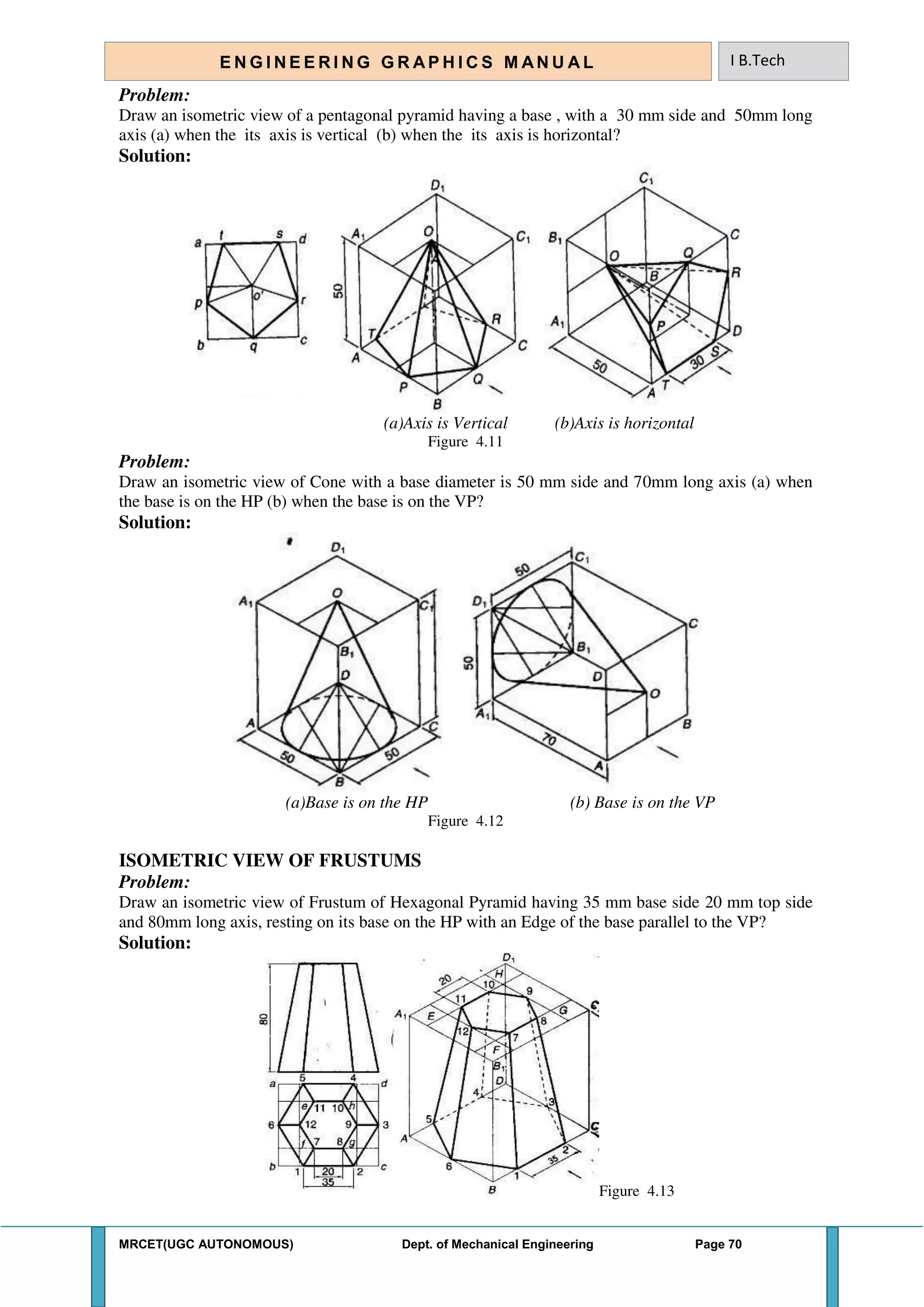 MRCET(UGC AUTONOMOUS) Dept. of Mechanical Engineering Page 70
E N G I N E E R I N G G R A P H I C S M AN U A L I B.Tech
Problem:
Draw an isometric view of a pentagonal pyramid having a base , with a 30 mm side and 50mm long
axis (a) when the its axis is vertical (b) when the its axis is horizontal?
Solution:
(a)Axis is Vertical (b)Axis is horizontal
Figure 4.11
Problem:
Draw an isometric view of Cone with a base diameter is 50 mm side and 70mm long axis (a) when
the base is on the HP (b) when the base is on the VP?
Solution:
(a)Base is on the HP (b) Base is on the VP
Figure 4.12
ISOMETRIC VIEW OF FRUSTUMS
Problem:
Draw an isometric view of Frustum of Hexagonal Pyramid having 35 mm base side 20 mm top side
and 80mm long axis, resting on its base on the HP with an Edge of the base parallel to the VP?
Solution:
Figure 4.13
 